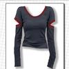 Módny jednofarebný top s výrezmi, okrúhlym výstrihom a dlhým rukávom, slim fit pre ženy