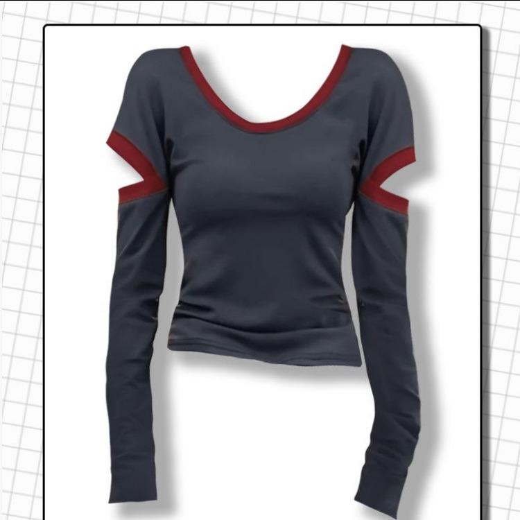Módny jednofarebný top s výrezmi, okrúhlym výstrihom a dlhým rukávom, slim fit pre ženy