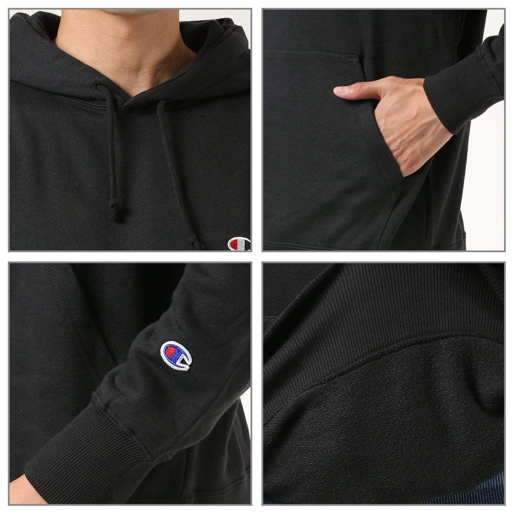 Champion Men's Basic One-Point Logo Pullover Hoodie Sweatshirt, Black, 100% Cotton, Long Sleeve Sweat Parka, Size M, C3-C118-090-M
