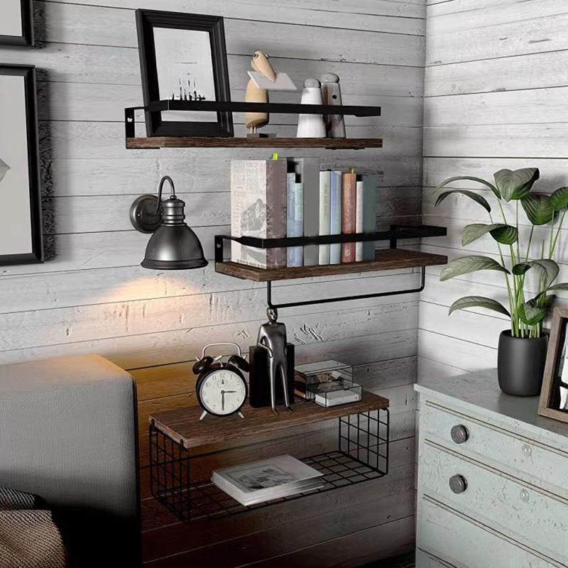 4 Hard Wood Iron Frame Fence Wrought Wooden Suspended Shelves - Firm and Convenient Storage for Vases, Flower POTS, Books, and M