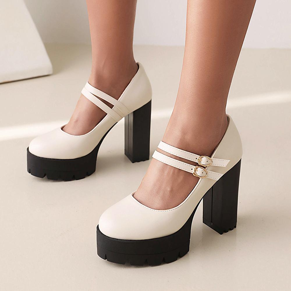 Fashion Spring Autumn Women Pumps Mary-Jane Platform Black Beige Chunky 10.5CM High Heels Ankle Strap Dress Party Hoof Heel Plus Size