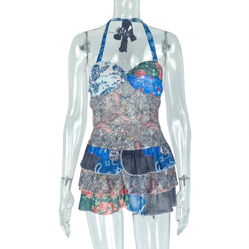 

European and American Style Fresh Abstract Printing Ruffles A- line Skirt Halter Backless Short Dress Casual Holiday Women s Clothing Flower color S