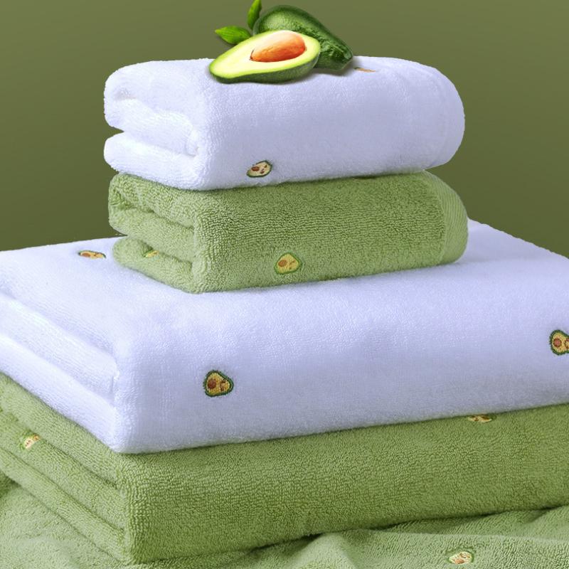 Besticktes Avocado-Badetuch-Set aus reiner Baumwolle - Enthält 1 Stück Badetuch und 1 Stück Gesichtstuch, Weiches, saugfähiges Handtuch, Grün, Weiß
