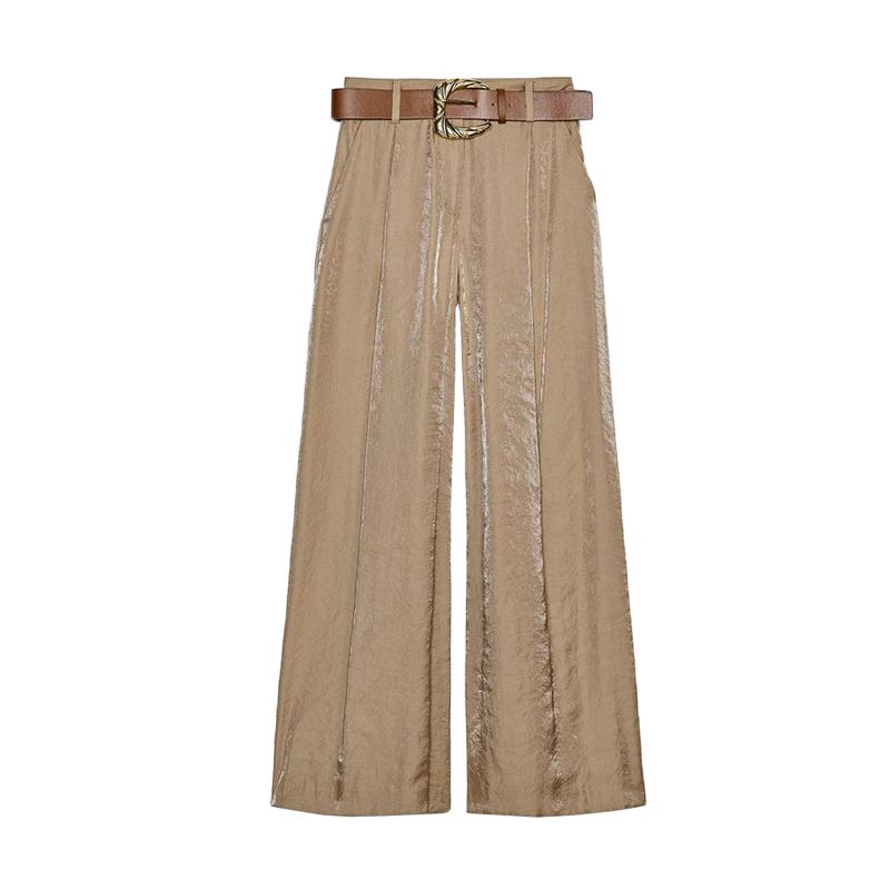 

Spring and Summer New Women s Clothing Pleated Decoration with Belt Silk Satin Texture Wide Leg Casual Pants 9193556 Brown L