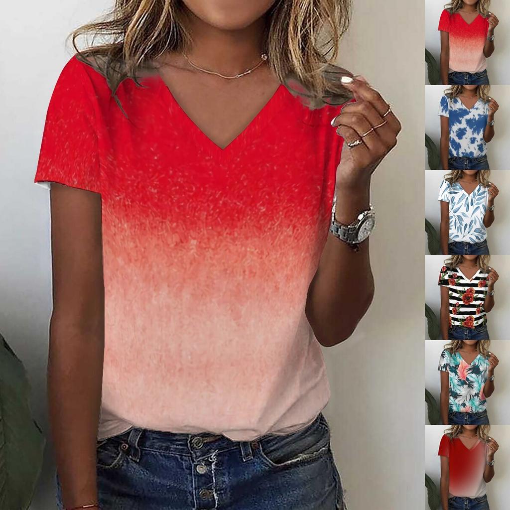 Летняя новая модная женская повседневная футболка с v-образным вырезом ...
