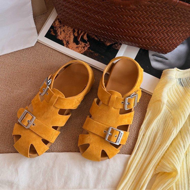 

Soft Leather Edition~ Retro Trend Versatile Outer Wear 2025 Summer New Fashion Versatile Casual Roman Boken Sandals 35 жовтий