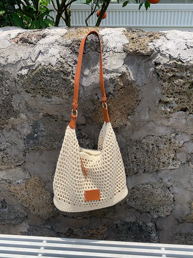 

Плетеная ажурная сумка женская 2025 новая летняя для отпуска на море дорожная сумка-тоут пляжная сумка сумка на плечо под мышку бежевый