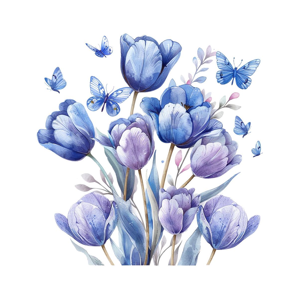 

Elegant Blue Flowers and Butterfly Toilet and Wall Sticker Set Waterproof Self-Adhesive Decal for Bathroom WC Decoration 30x30cm синій