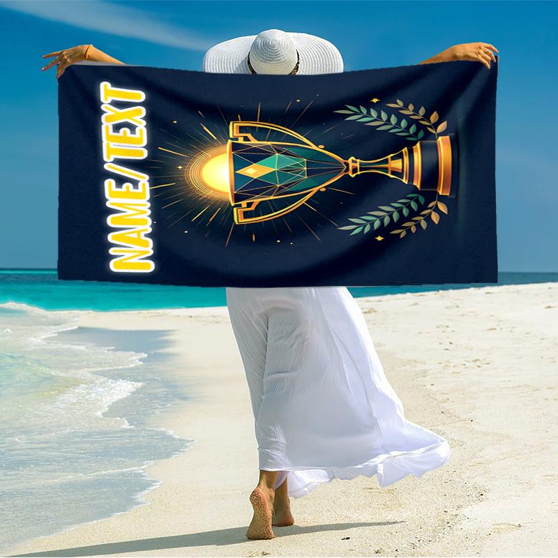 1PC Custom Name Golden Trophy Achievement Beach Towel Highly Absorbent And Sand-Resistant Towel for Swimming, Pool, Yoga, And Travel Lightweight