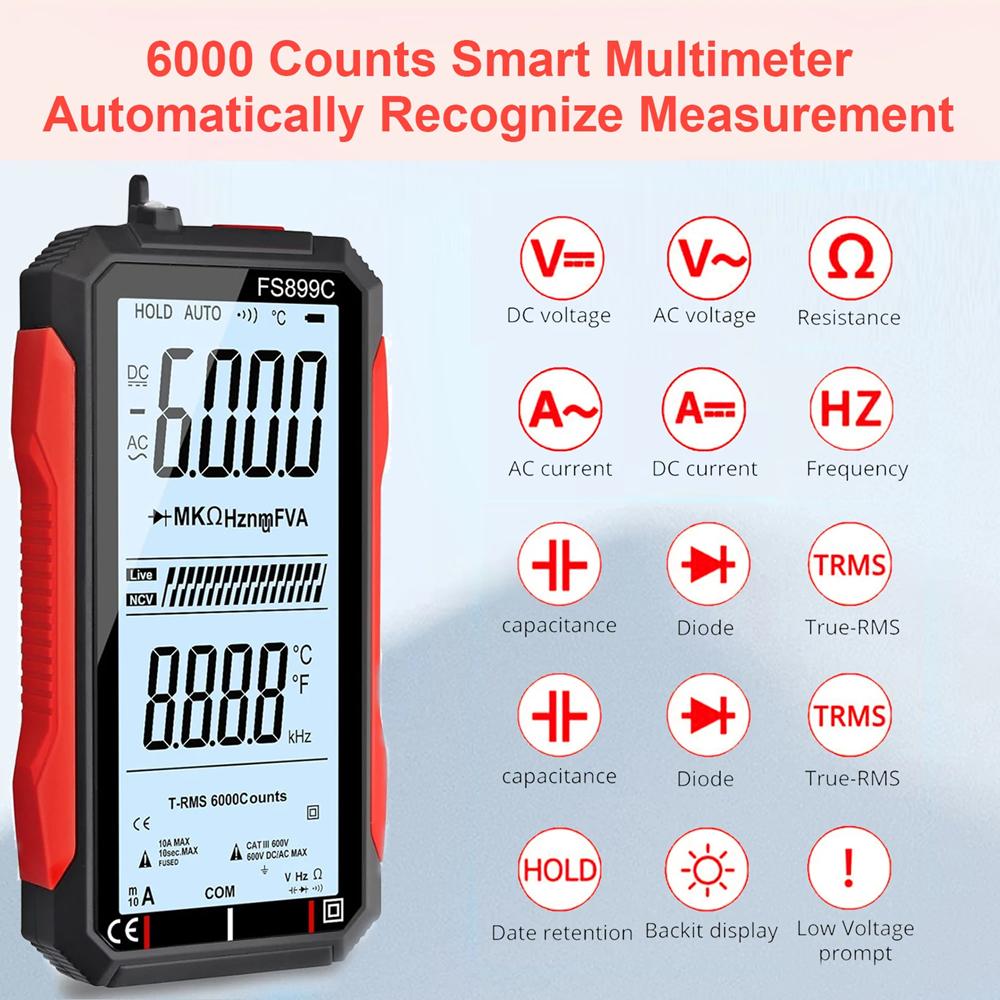 6000 Counts Smart True RMS Digital Multimeter 4.8" Large Screen AutoRanging Capacitance Ohm Hz Diode Live Check USB Repair Tools