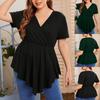 Top Casual da Donna Colorati con Scollo a V, Manica Corta Pieghettata, Taglie Forti