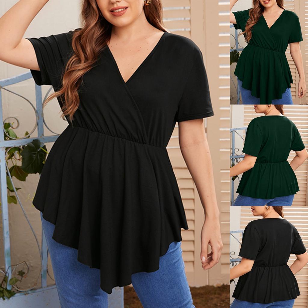 Top Casual da Donna Colorati con Scollo a V, Manica Corta Pieghettata, Taglie Forti