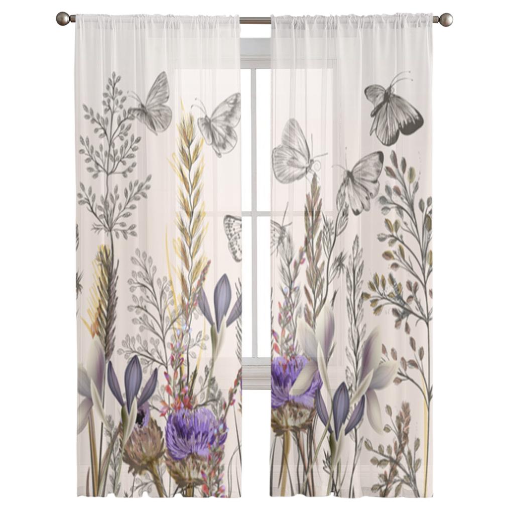 Vintage Herb Flower Butterfly Sheer Curtains For Living Room Bedroom Tulle Curtains Kitchen Window Treatments Panel Drapes