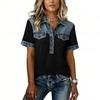Denim Patchwork Shirts For Women Stand Collar Casual Blouse Short Sleeve Comfy Tshirt Spring Summer Fashion