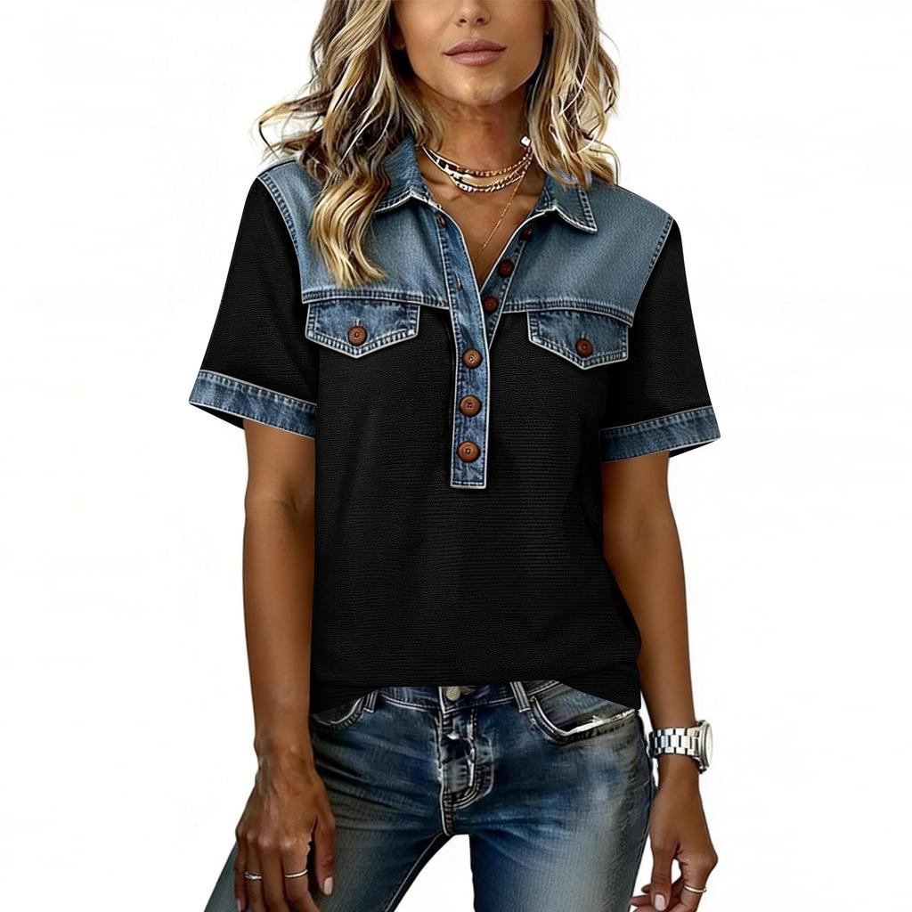 Denim Patchwork Shirts For Women Stand Collar Casual Blouse Short Sleeve Comfy Tshirt Spring Summer Fashion