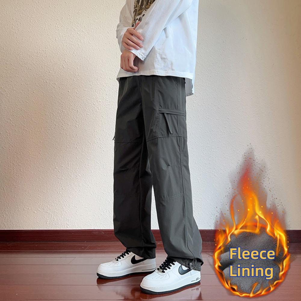 Winter Men's Cargo Pants Large Size Outdoor Sports Pants Multi-pocket Loose Straight Men's Casual Pants Fleece Lining
