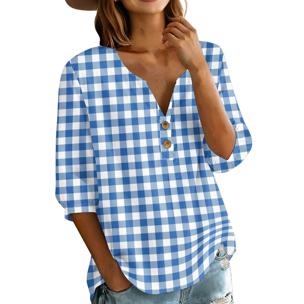 Women’s Casual Plaid Print Henley Shirt Cotton Linen Three Quarter Sleeve V Neck Button Front Loose Fit Top