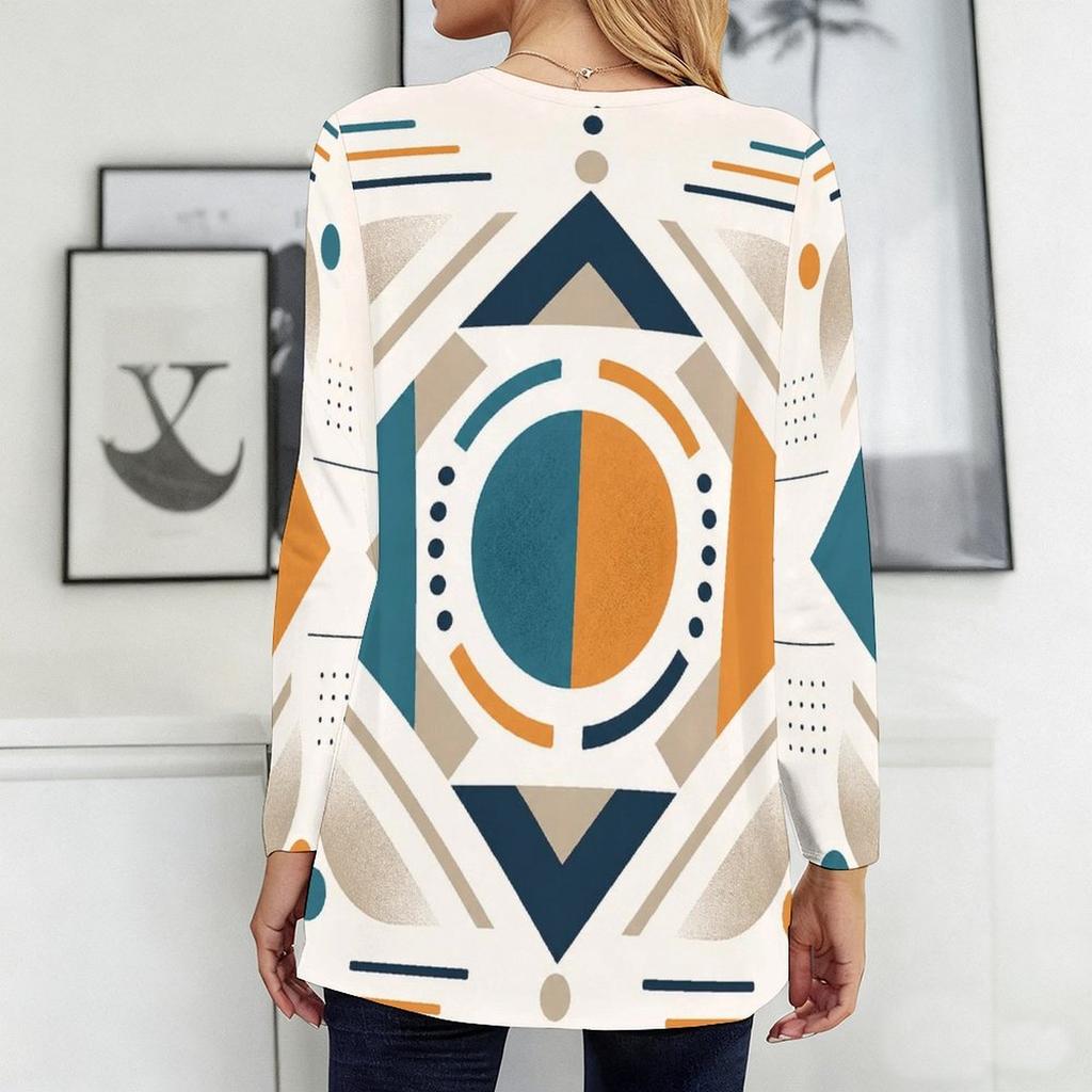 Women Plus Size Round Neck Long Sleeve Abstract Printed Loose Longline T Shirt With Pockets