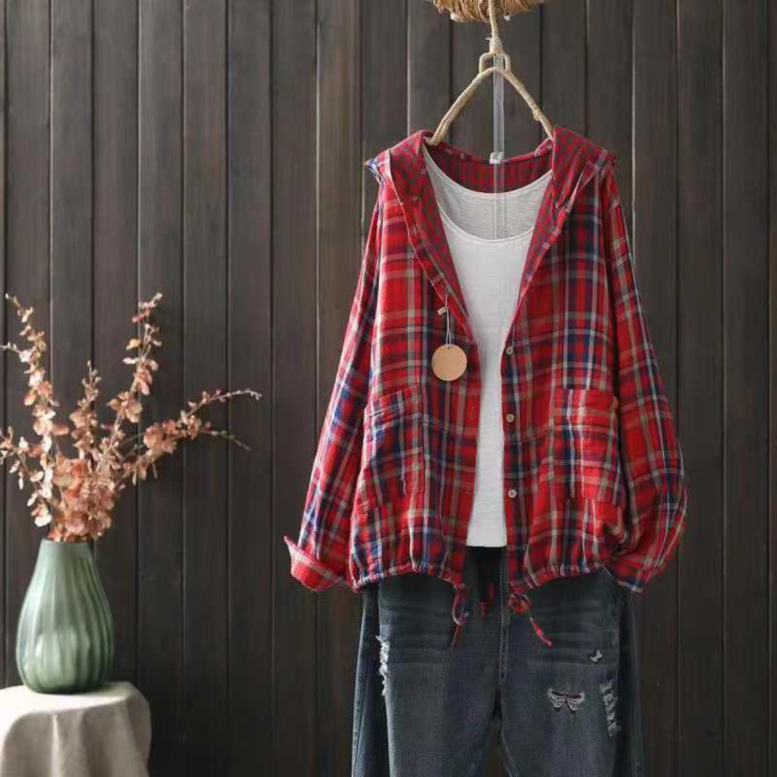 

Women s Hooded Plaid Shirt Retro Casual Cardigan Jacket One Size