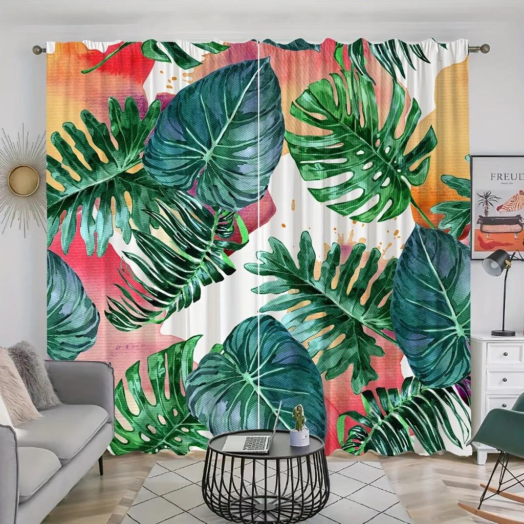 2pcs Wild Flowers Peonies With Watercolor Style Printed Curtains Rod Pocket Curtain  For Living Room Bedroom Windows Home Decor