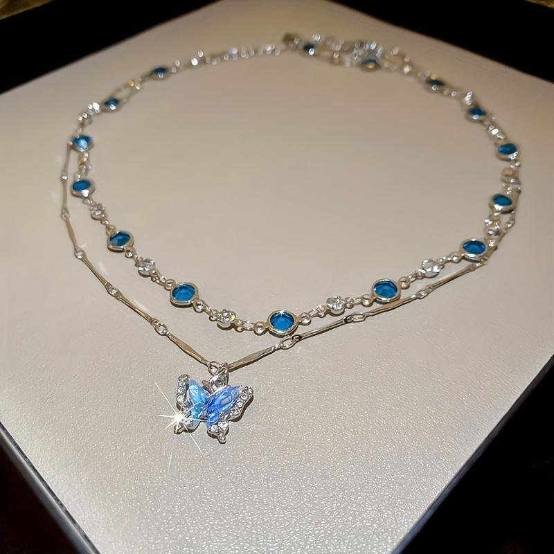 elegant and exquisite women s blue double-layer butterfly tassel necklaces, stylish and beautiful double-layer collarbone chains синий