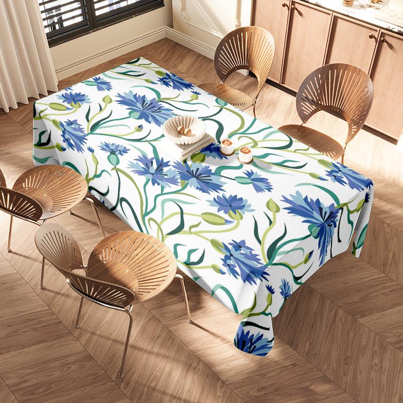 Modern Floral Tablecloth DecorationBlue White Green Leaves Flowers Printed Polyester Dining Room Decorative Blanket For Kitchen