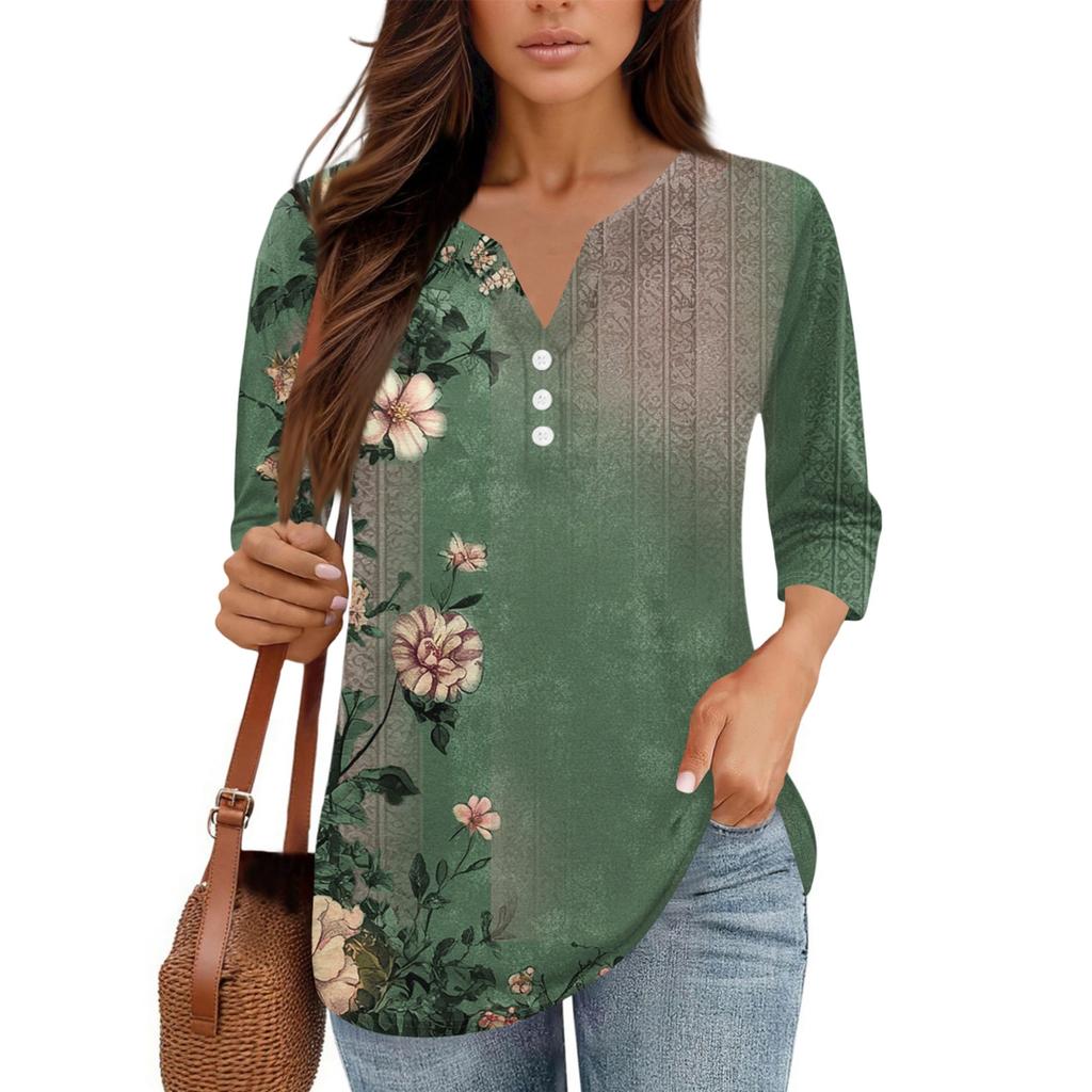 Damen V-Ausschnitt Freizeit Dreiviertelarm Knopf-Detail Top mit Blumenmuster