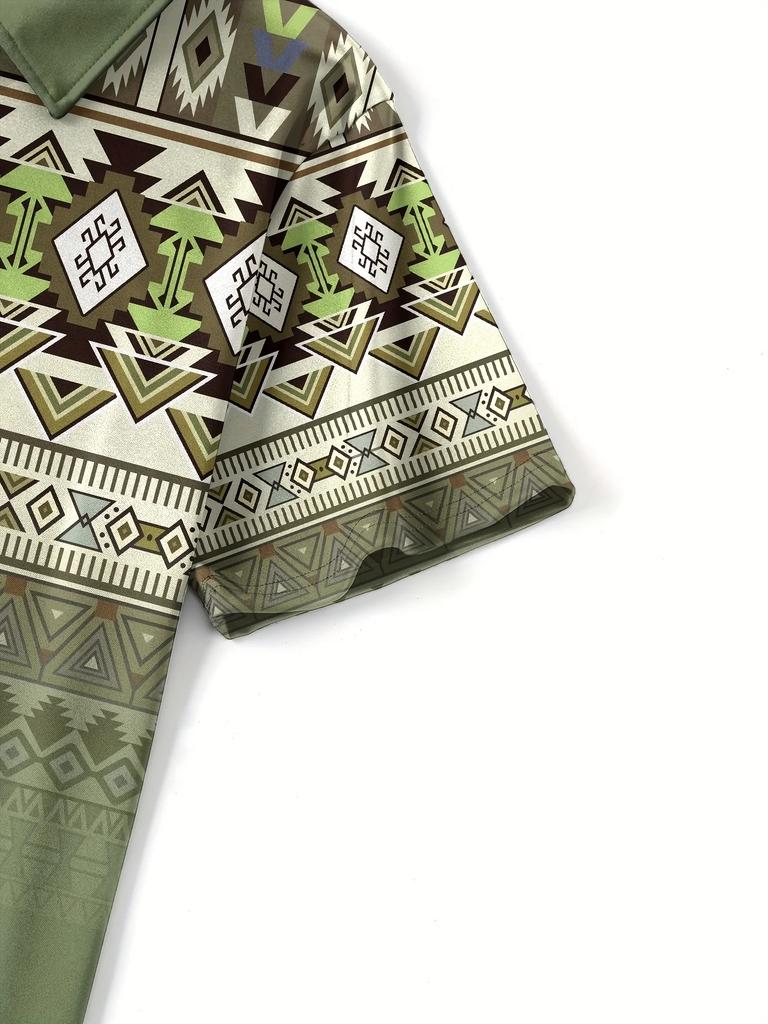 Men’s Ethnic Geometric Printed Short‑Sleeve Polo Shirt Lapel Collar Slim‑Fit Breathable Summer Tops