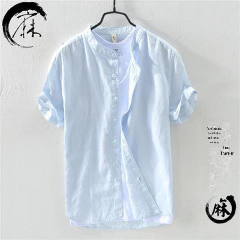 Men's Short-Sleeve Chinese-Style Stand Collar Linen Shirt - Casual, Lightweight, Summer Trend