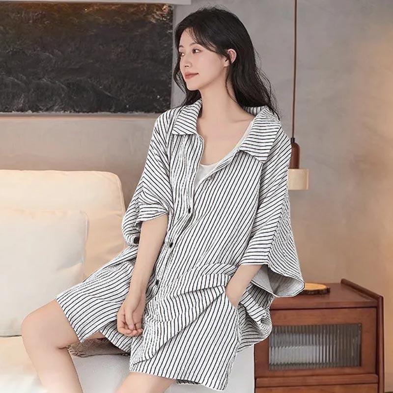 

Женский костюм, комплект из 2 предметов, полосатая футболка и брюки, хлопок, оверсайз, свободный, повседневный, летний костюм, два предмета, топ, брюки M белый