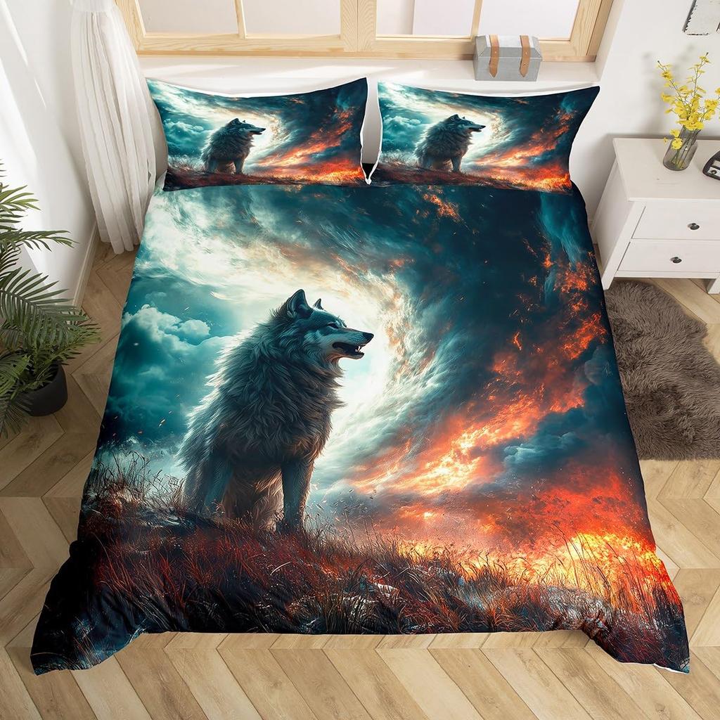 Wolf Duvet Cover Queen Twin for Kids Boys TeenStarry Sky Bedding Set Exotic Tribal Animal Comforter Cover Wild Wolf Quilt Cover