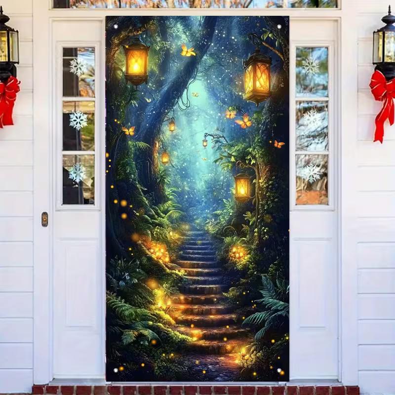 

2D Magical Forest Path with Glowing Lanterns & Butterflies Themed Door Banner 47.2x31.5inch/120*80cm