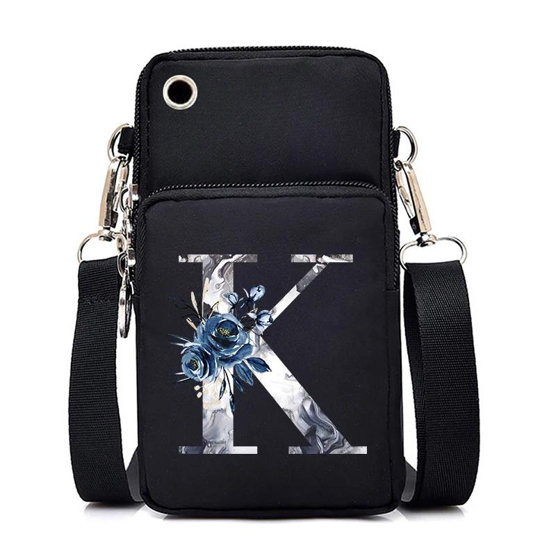 Blue Roses Alphabet Print Small Shoulder Bag 26 Letters Mini Crossbody Phone Bag for Women