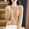 Women O-Neck Cashmere Cardigan 100% Merino Wool Sweater Buttoned Long Sleeve Knitwear for Spring Autumn Solid Basic Top Clothing