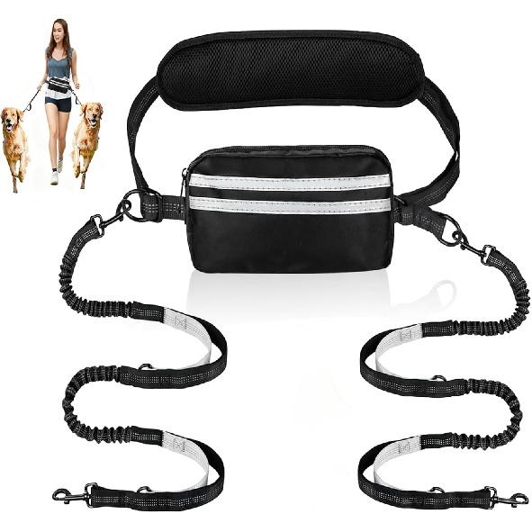 Hands Free Dog Leash for 1-2 Dogs with Zipper Pouch & Bungee Rope | Adjustable Waist Belt, Dual Padded Handles & Safety Lock | Reflective for