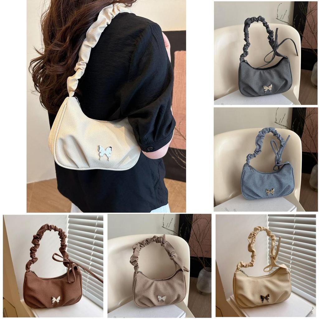 Pu Large Capacity Crossbody Bag With Wrinkle Solid Color Butterfly Design For Daily Use