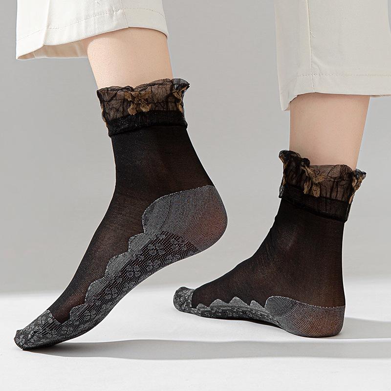 10 Pairs of Women's Summer Thin Floral Lace Cotton Bottom Loose Mouth Breathable Non Slip Socks