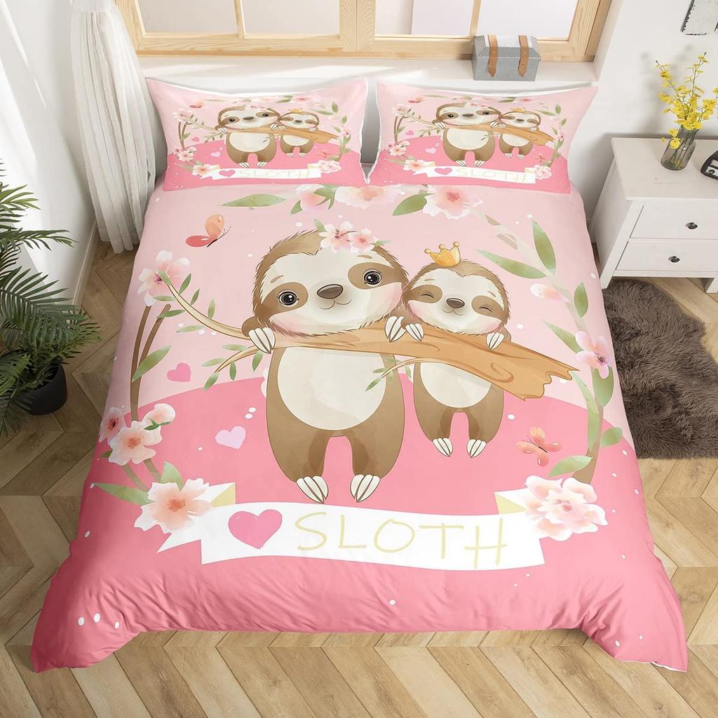 Cartoon Sloth Duvet Cover Set Cute Animals Bedding Sets For Boys Girls Funny Sloth Tropical Leaves Floral Nature Quilt Cover Set