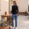 Women's Denim Collar Long Sleeve Pullover Knit Sweater Top with Patchwork Design