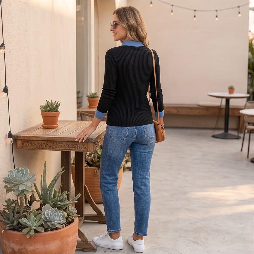 Women's Denim Collar Long Sleeve Pullover Knit Sweater Top with Patchwork Design