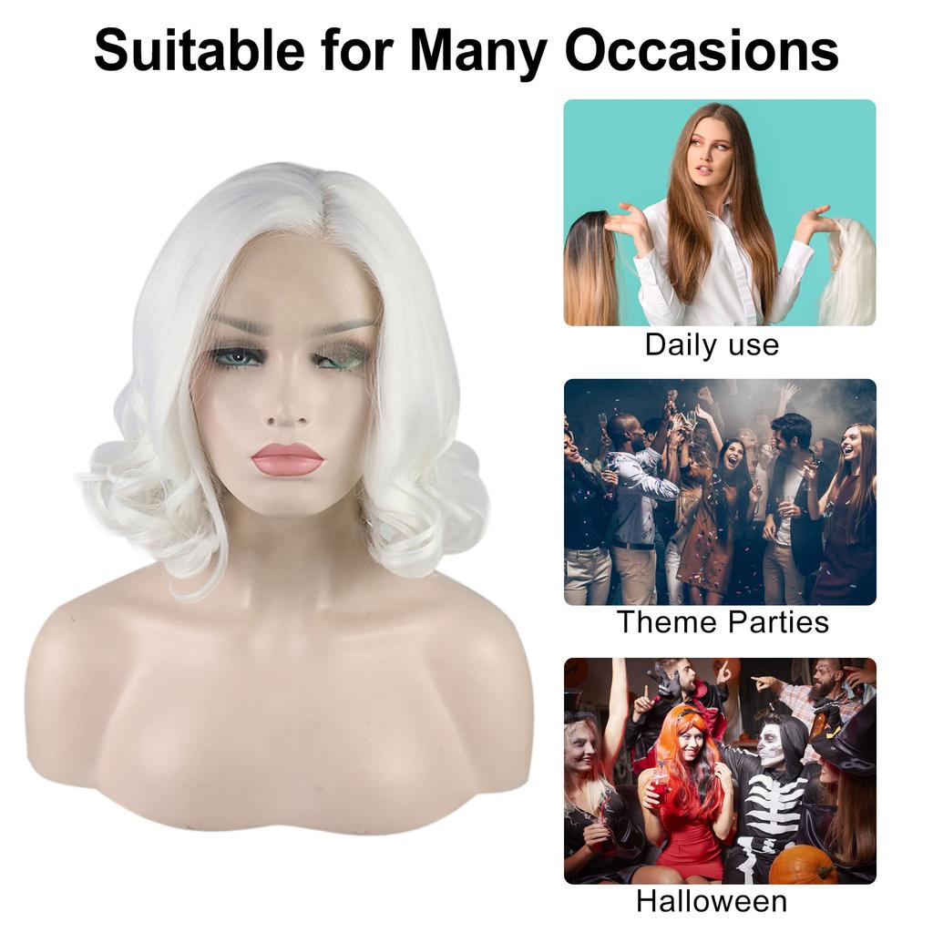 VOCOSTE Heat-Resistant Lace Front Wig, Medium Long Body Wave, for Girls, Everyday Use, White, 35.5 cm