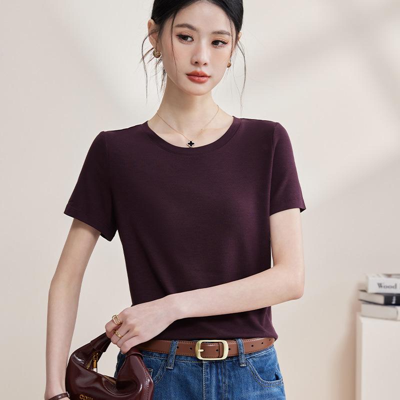 Women's Short Sleeve T-Shirt Crew Neck Lyocell Wool Acetate Blend Solid Color Elegant Commuter Casual Basic Top