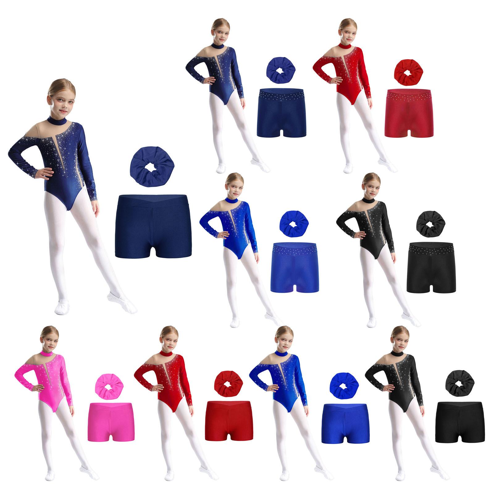 

3Pcs/Set Kids Girls Figure Skating Gymnastics Dance Outfit Long Sleeve Keyhole Back Sheer Mesh Patchwork Sparkly Rhinestones Leotard with Shorts and H 5-6 Years гарячі рожевого кольору