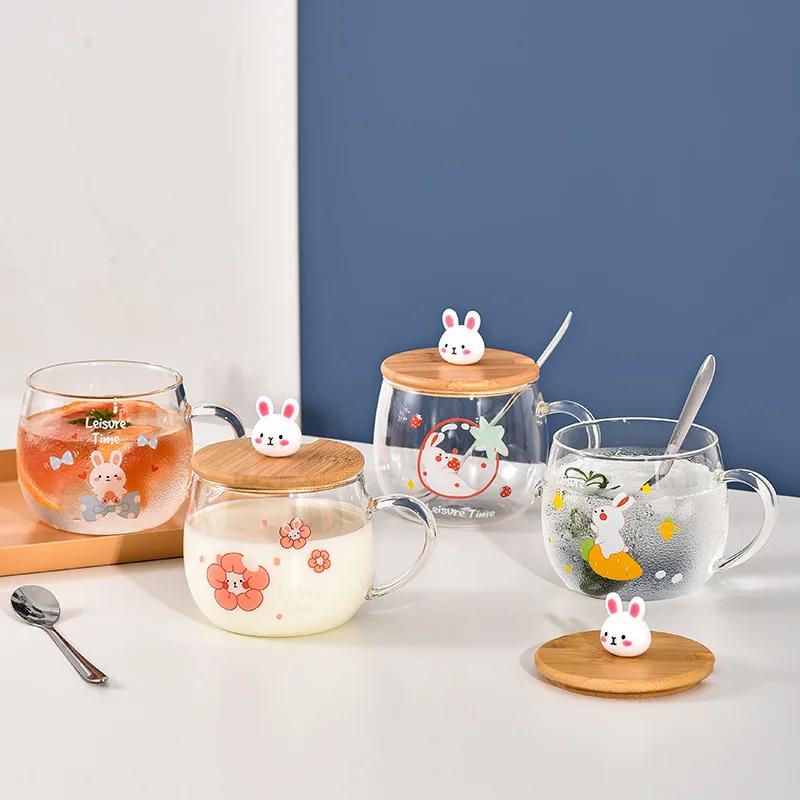Cartoon Cute Mug High Borosilicate Glass Cups Creative Big Belly Mug with Cover High Temperature Resistant Transparent Water Cup