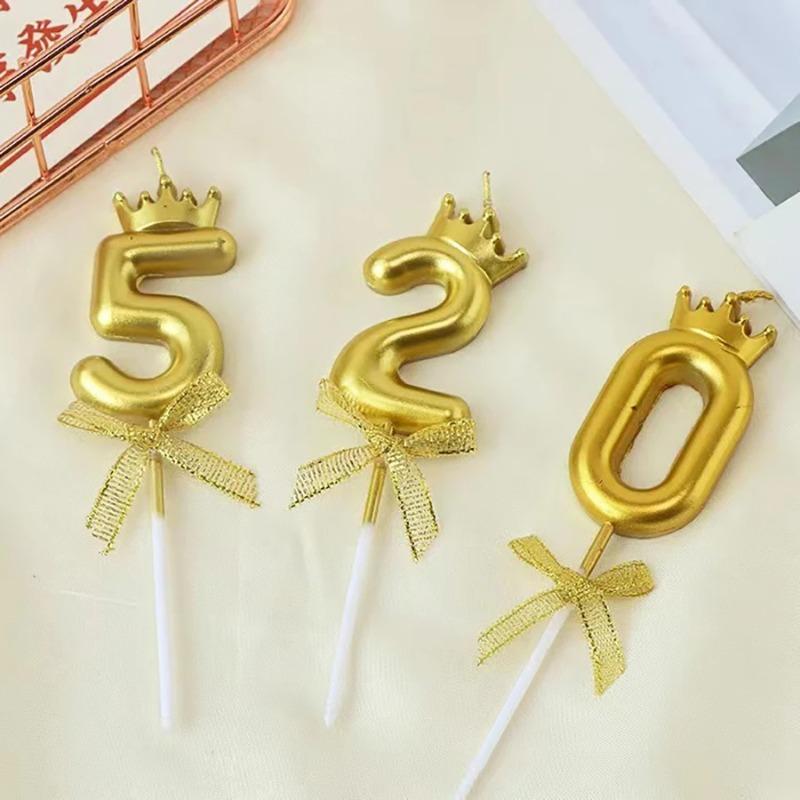 Golden Crown 0-9 Digital Number Candles, Cake Decor Candles for Wedding Birthday Party, Beautiful Cake Decoration Supplies