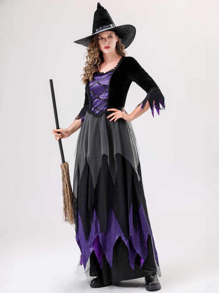 Schwarz-Violettes Hexen-Vampir-Kostüm für Erwachsene und Kinder - Perfekt für Halloween und Bühnenauftritte