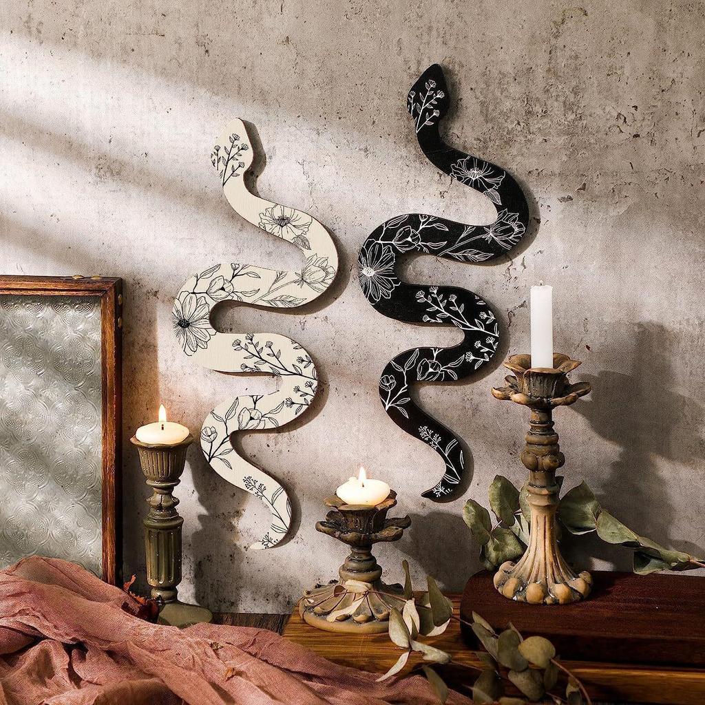 2Pcs Bohemian Witch Wooden Plates Black White Snake Wall Decor 1 Pair Room Decor Cute Wood Decoration Living Room