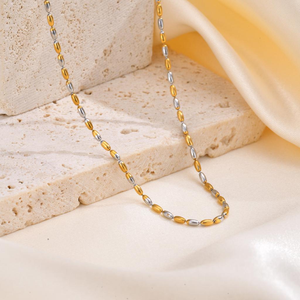 Women Olive Bead Chain Necklace, Stainless Steel Two Tone Beaded Chain Zircon, Minimalist Party Necklaces Gift