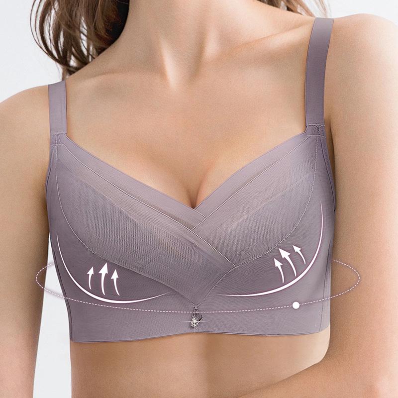 Women's Thin Sexy Bra Lace Mesh Deep V Gather Adjustment Type Underwear Female Large Size Bra Full Cup Thin Underwear Brassiere Without Steel Ring