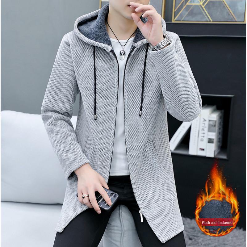 Herr Mellanlång Stickad Kofta med Huva - Höst/Vinter, Lös Passform, Plus Size